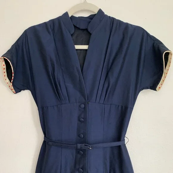 Vintage 50s Navy Belted Party Dress Cocktail Fitted Size XSmall Rockabilly - Picture 3 of 9